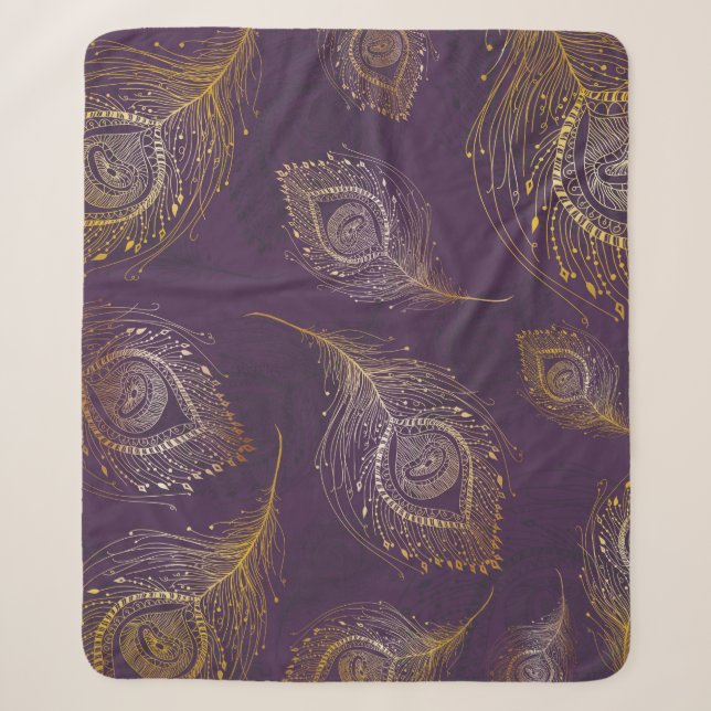 Gold peacock feather in violet background sherpa blanket (Front)