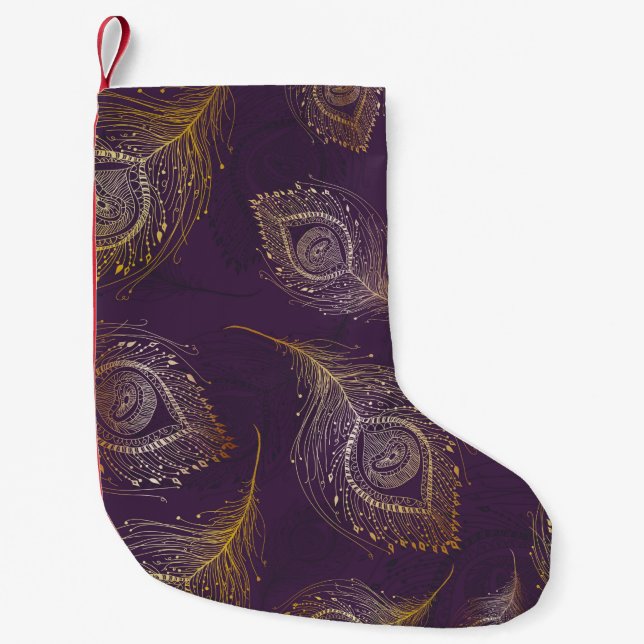 Gold peacock feather in violet background small christmas stocking (Front)