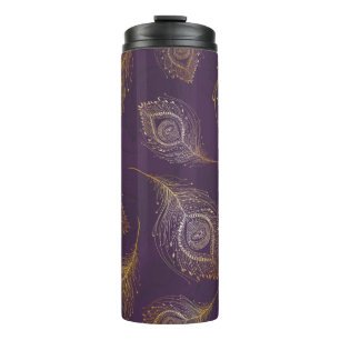 Gold peacock feather in violet background thermal tumbler