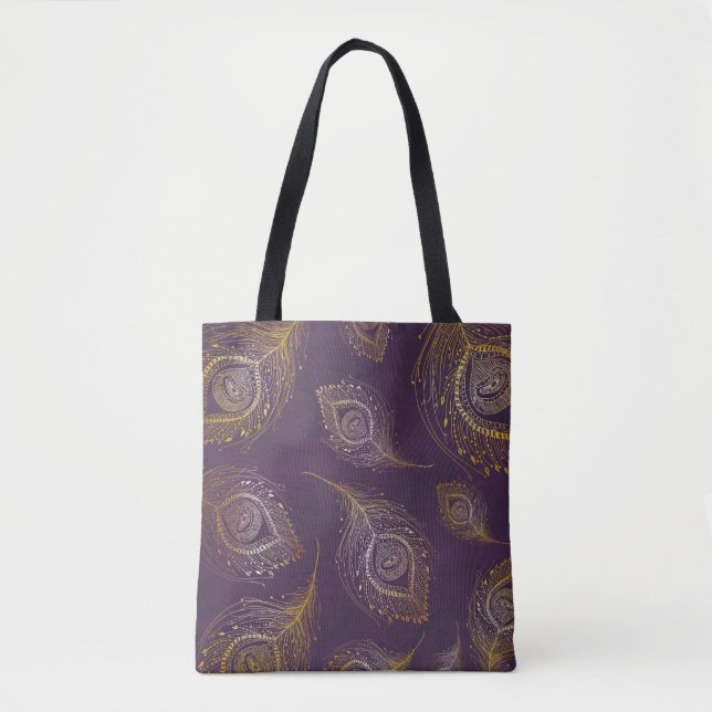Gold peacock feather in violet background tote bag (Front)