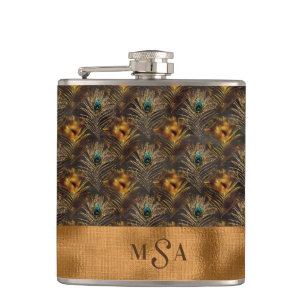 Gold Peacock Feather Monogram Elegant Personalised Hip Flask