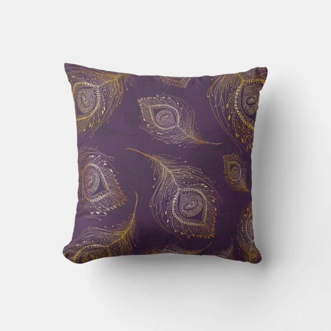 Gold peacock feather, violet background. cushion (Front)