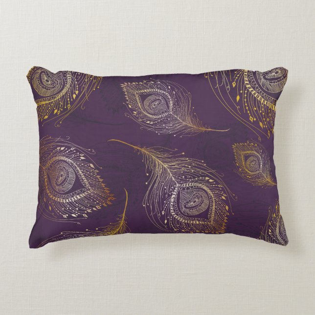 Gold peacock feather, violet background. decorative cushion (Front)