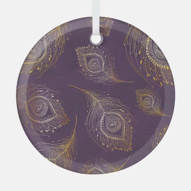 Gold peacock feather, violet background. glass tree decoration (Front)