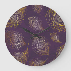 Gold peacock feather, violet background. large clock