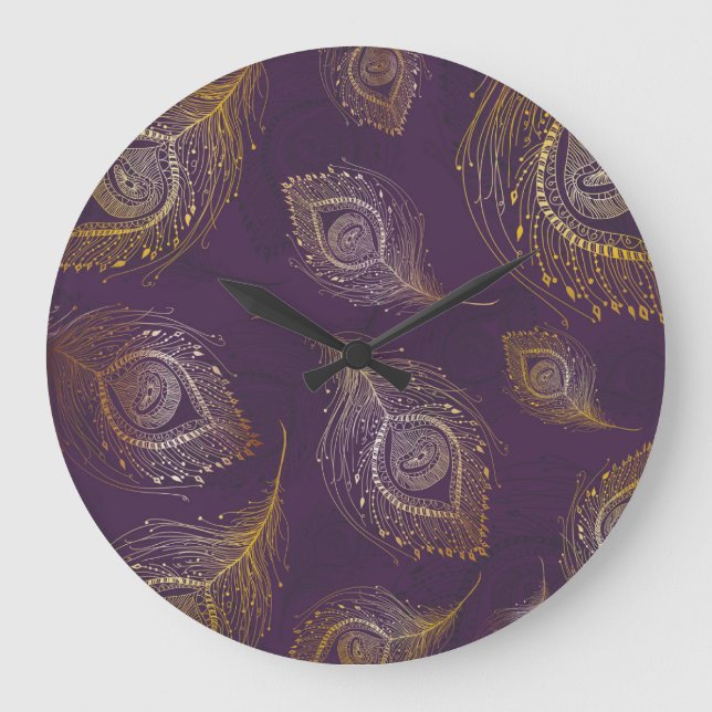 Gold peacock feather, violet background. large clock (Front)