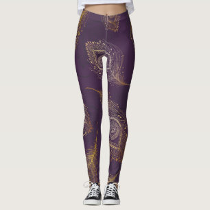 Gold peacock feather, violet background. leggings