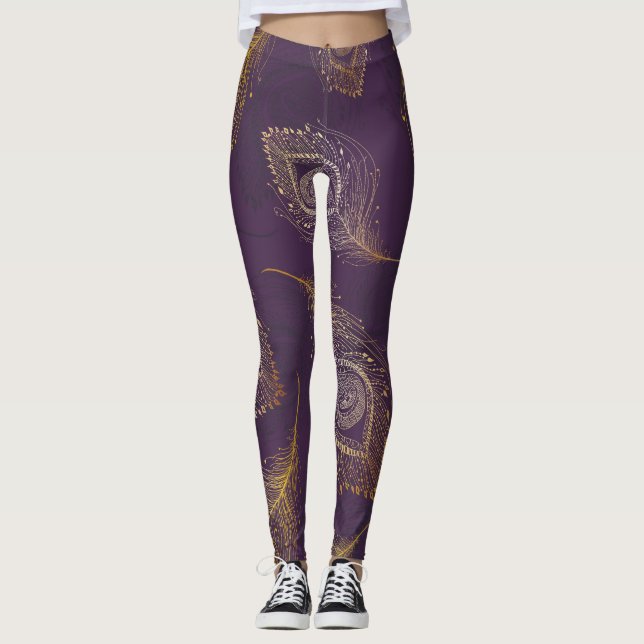 Gold peacock feather, violet background. leggings (Front)