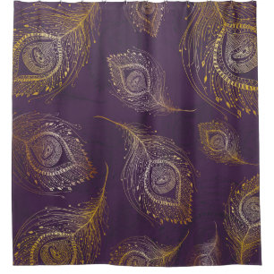 Gold peacock feather, violet background. shower curtain