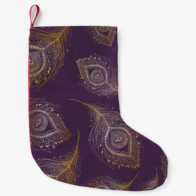 Gold peacock feather, violet background. small christmas stocking (Front)