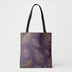 Gold peacock feather, violet background. tote bag