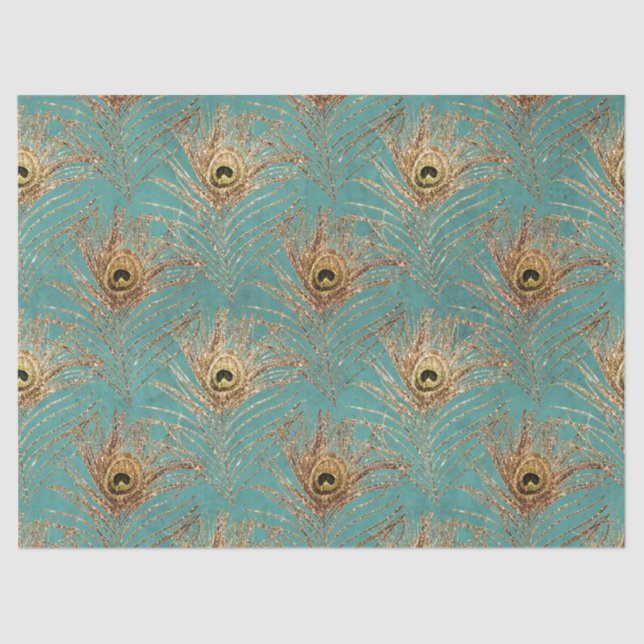Gold Peacock Feathers on Aqua Decoupage Tissue Paper (Front)