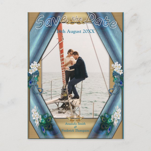 Gold, Peacock Feathers on Emerald Green Silk Announcement Postcard (Front)