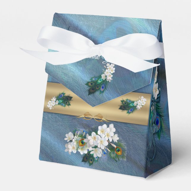 Gold, Peacock Feathers on Emerald Green Silk Favour Box (Front Side)