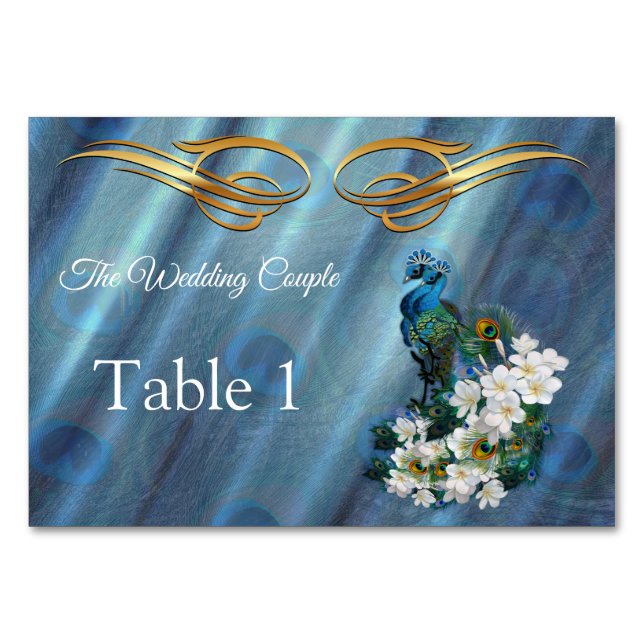 Gold, Peacock Feathers on Emerald Green Silk Table Number (Front)