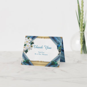 Gold, Peacock Feathers  on Emerald Green Silk Thank You Card