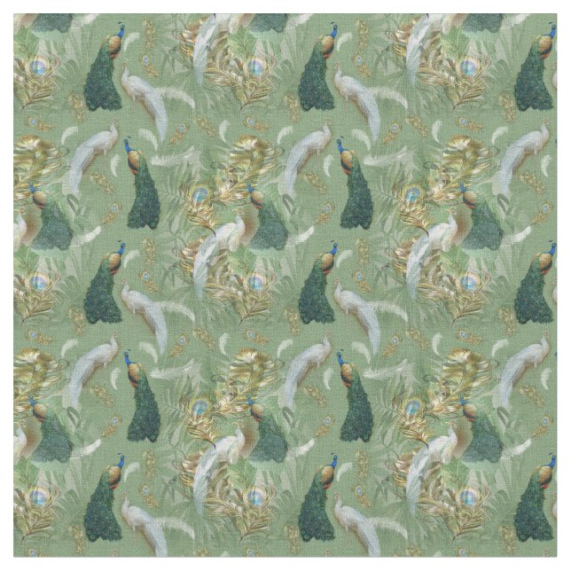 Gold - Peacock Feathers Running Print Fabric (Close Up)