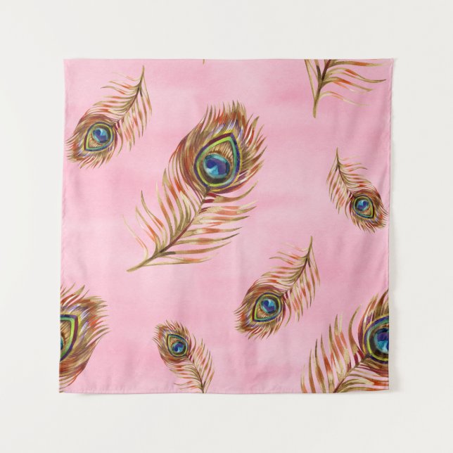 Gold peacock feathers, watercolor seamless pattern tapestry (Front)