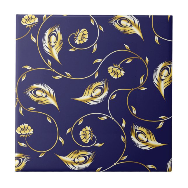 Gold,peacock,floral,pattern,on black,chic,elegant, tile (Front)