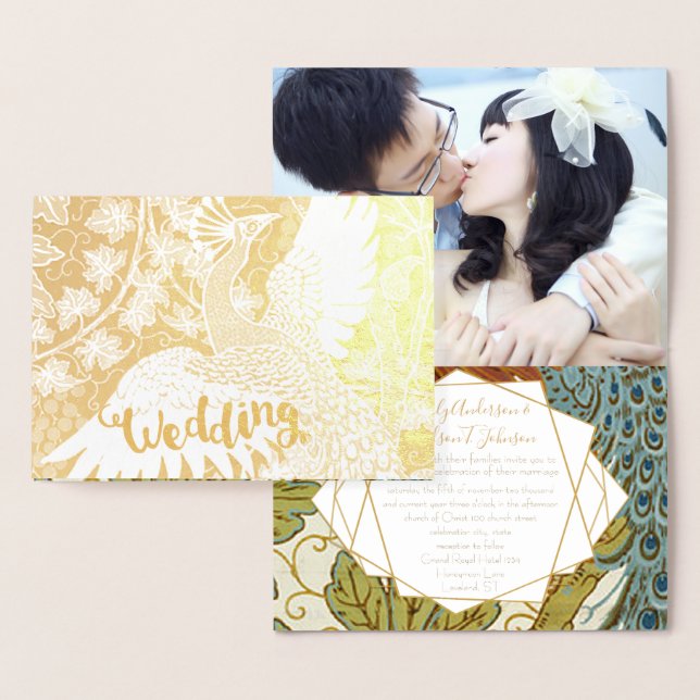 Gold Peacock Geometric Frame Wedding Invitations (Display)