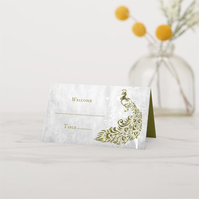 Gold Peacock Leaf Vine Reception Place Card (Front)