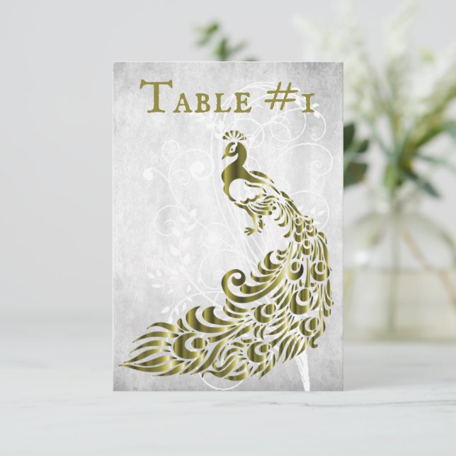 Gold Peacock Leaf Vine Table Card (Standing Front)