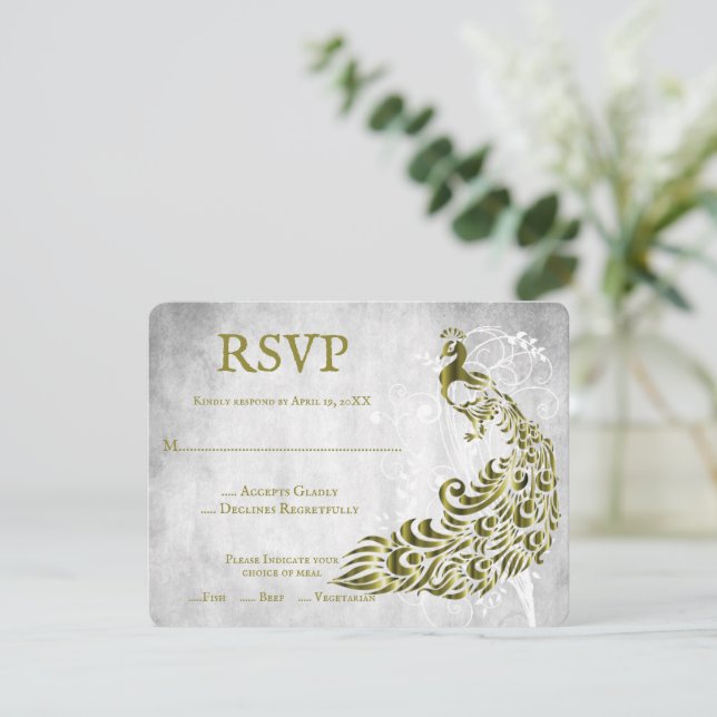 Gold Peacock Leaf Vine Wedding RSVP Card (Standing Front)