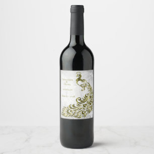 Gold Peacock Leaf Vine Wedding Wine Label