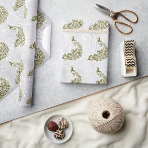 Gold Peacock Leaf Vine Wedding Wrapping Paper