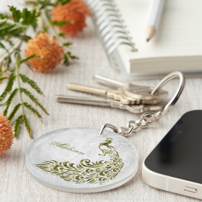 Gold Peacock Personalised Acrylic Keychain (Front Right)