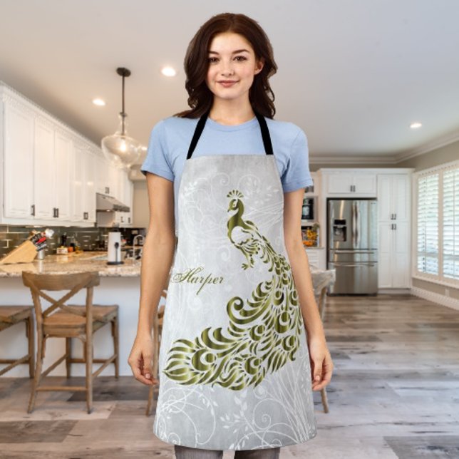 Gold Peacock Personalised All-Over Print Apron (Gold Peacock Personalized Apron)