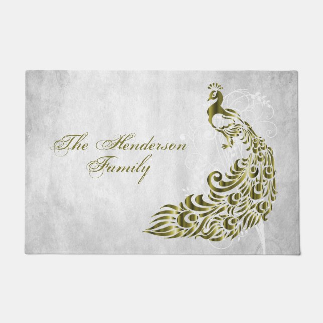 Gold Peacock Personalised Door Mat (Front)