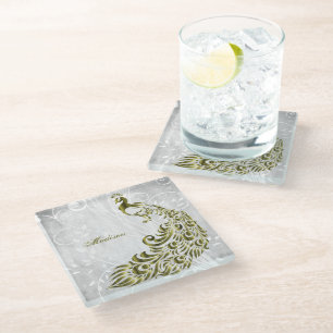 Gold Peacock Personalised Glass Coaster