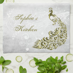 Gold Peacock Personalised Kitchen Towel