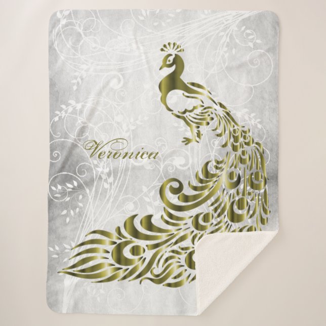 Gold Peacock Personalised Sherpa Blanket (Front)