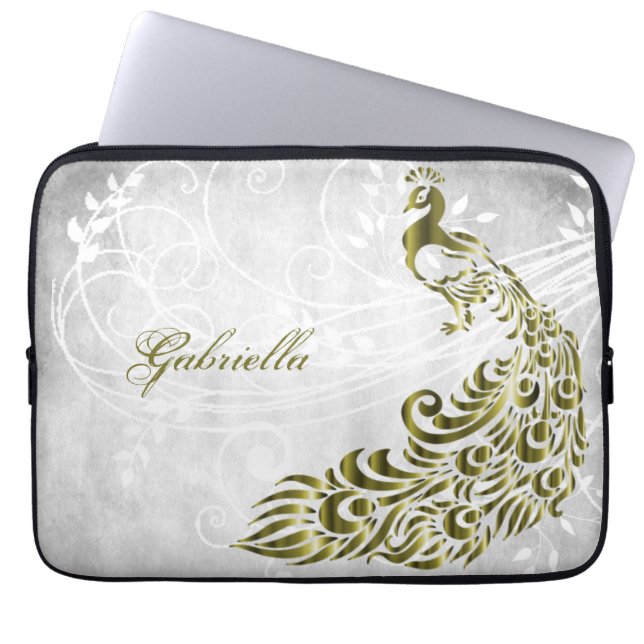 Gold Peacock Personalized Laptop Sleeve (Front)