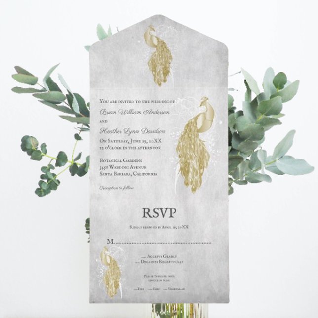 Gold Peacock Wedding All In One Invitation (Gold Peacock All in One Wedding Invite)