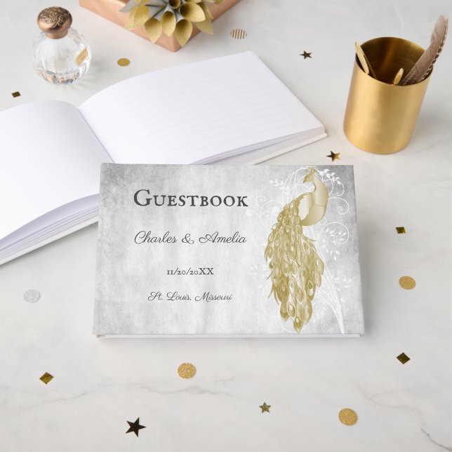 Gold Peacock Wedding Guest Book (Front Open)