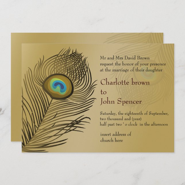 gold peacock wedding  Invitations (Front/Back)