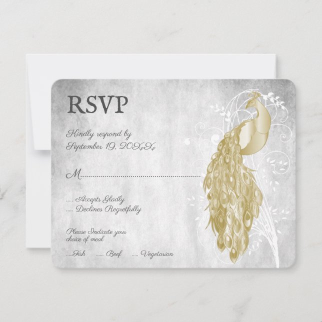 Gold Peacock Wedding RSVP Card (Front)