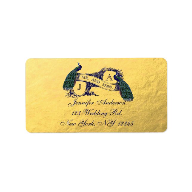 Gold Peacock Wedding RSVP Label (Front)
