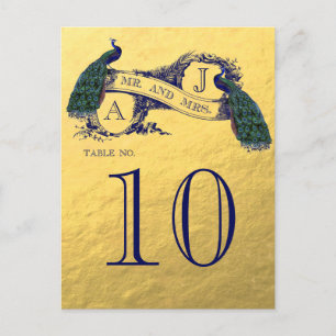 Gold Peacock Wedding Table Number Postcard