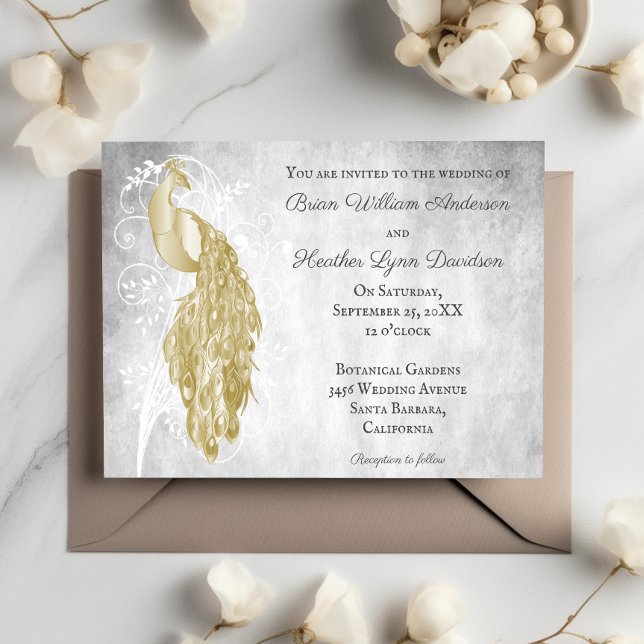 Gold Peacock White Botanical Wedding Invitation (Gold Peacock Wedding Invitation)