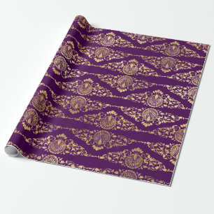 Gold Peacocks and Filigree on Purple Wrapping Paper