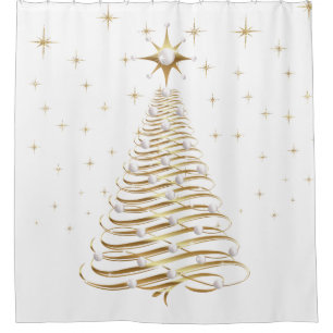 Gold & Pearl Christmas Tree on White Shower Curtain