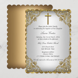 Gold Pearl Damask & Cross Baptism/Christening Invitation