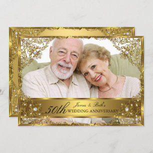 Gold Pearl Damask Photo 50th Wedding Anniversary Invitation