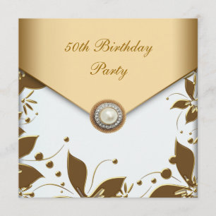 Gold Pearl Floral Jewel Womans 50th Birthday Party Invitation