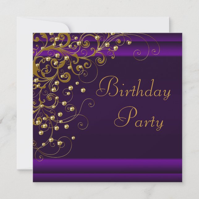 Gold Pearl Swirl Womans Purple Birthday Party Invitation (Front)