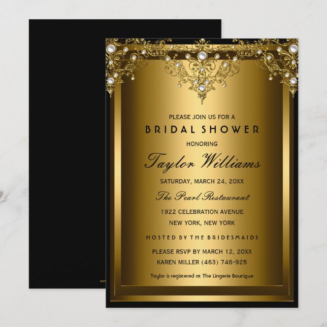 Gold Pearl Vintage Glamour Bridal Shower Invite (Front/Back)